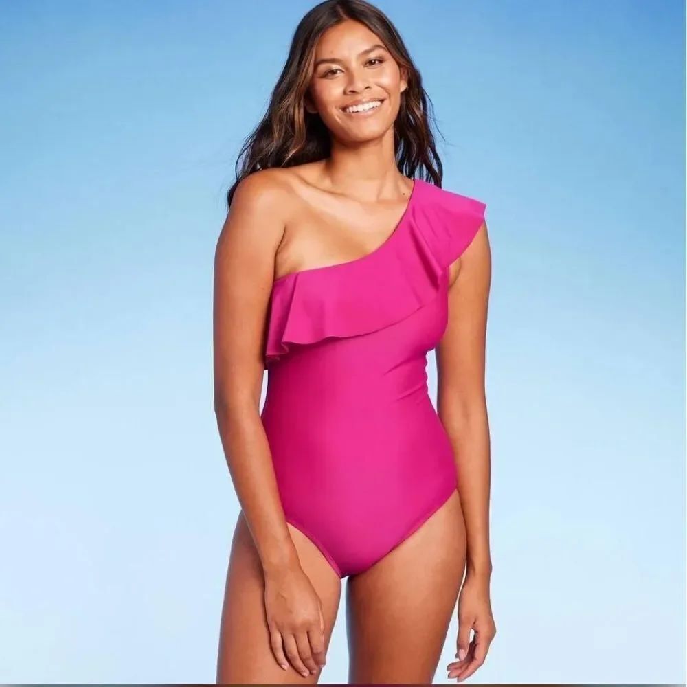 NWT Kona Sol one shoulder hot pink ruffle one piece bathing suit multiple sizes